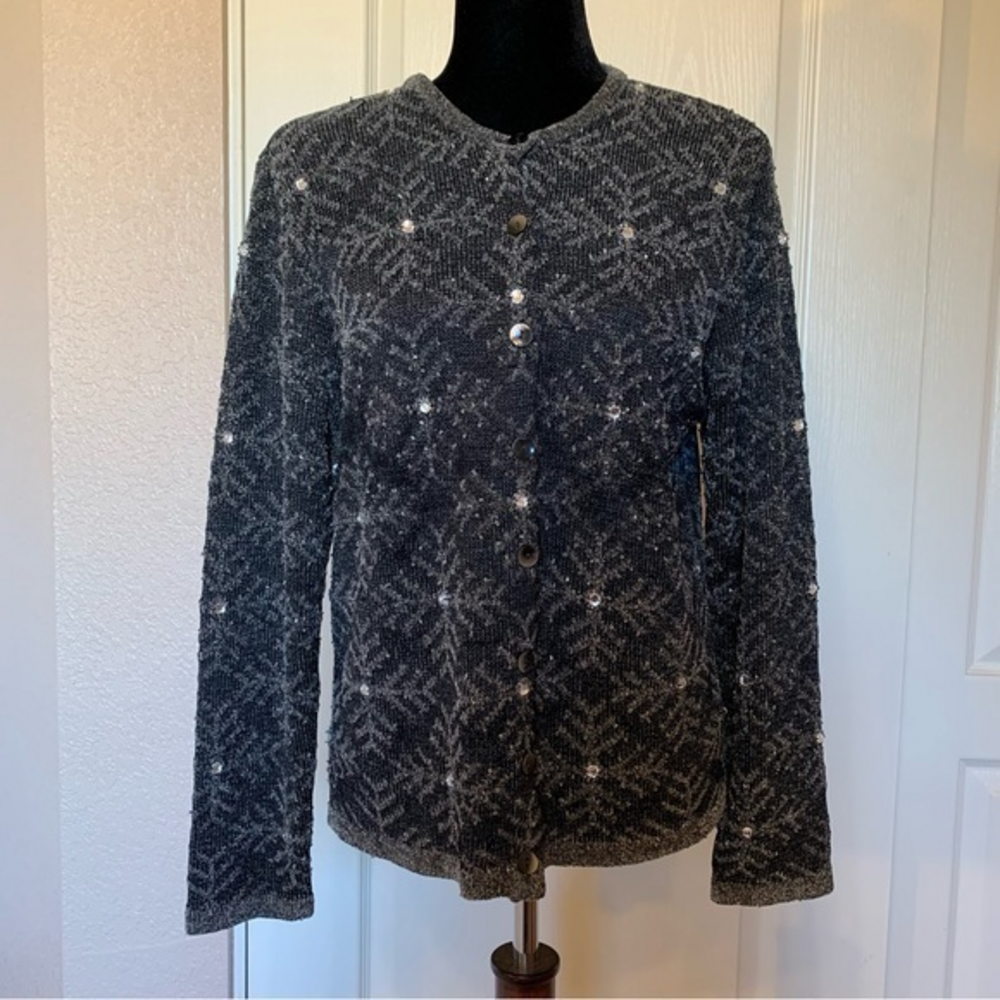 Vintage Robert Scott Grey and Black Beaded Cardigan Sweater Size Small‎